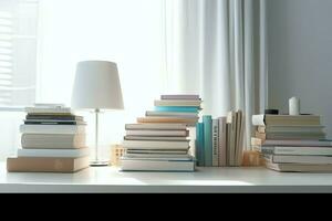 A book pile close up on a study desk. Front view pile book. For festival of world book day, national book day or national education day. Stack of colorful books on study table by AI Generated photo