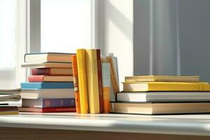 A book pile close up on a study desk. Front view pile book. For festival of world book day, national book day or national education day. Stack of colorful books on study table by AI Generated photo