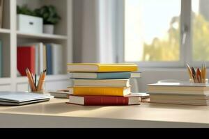 A book pile close up on a study desk. Front view pile book. For festival of world book day, national book day or national education day. Stack of colorful books on study table by AI Generated photo