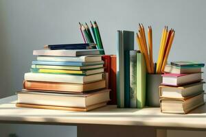 un libro pila cerca arriba en un estudiar escritorio. frente ver pila libro. para festival de mundo libro día, nacional libro día o nacional educación día. apilar de vistoso libros en estudiar mesa por ai generado foto