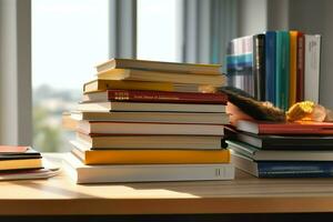 un libro pila cerca arriba en un estudiar escritorio. frente ver pila libro. para festival de mundo libro día, nacional libro día o nacional educación día. apilar de vistoso libros en estudiar mesa por ai generado foto