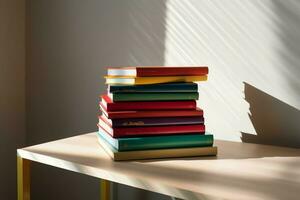 un libro pila cerca arriba en un estudiar escritorio. frente ver pila libro. para festival de mundo libro día, nacional libro día o nacional educación día. apilar de vistoso libros en estudiar mesa por ai generado foto