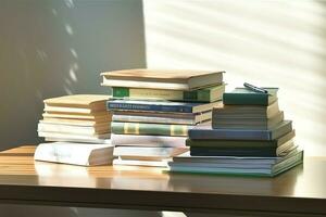 un libro pila cerca arriba en un estudiar escritorio. frente ver pila libro. para festival de mundo libro día, nacional libro día o nacional educación día. apilar de vistoso libros en estudiar mesa por ai generado foto