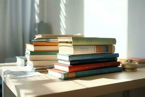 A book pile close up on a study desk. Front view pile book. For festival of world book day, national book day or national education day. Stack of colorful books on study table by AI Generated photo