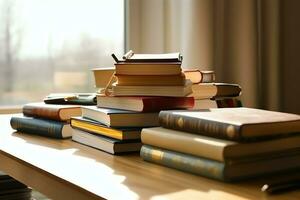 A book pile close up on a study desk. Front view pile book. For festival of world book day, national book day or national education day. Stack of colorful books on study table by AI Generated photo