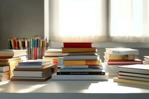 A book pile close up on a study desk. Front view pile book. For festival of world book day, national book day or national education day. Stack of colorful books on study table by AI Generated photo