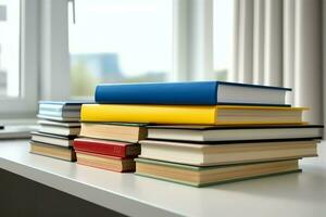 un libro pila cerca arriba en un estudiar escritorio. frente ver pila libro. para festival de mundo libro día, nacional libro día o nacional educación día. apilar de vistoso libros en estudiar mesa por ai generado foto