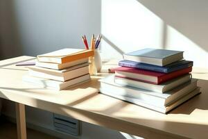 A book pile close up on a study desk. Front view pile book. For festival of world book day, national book day or national education day. Stack of colorful books on study table by AI Generated photo