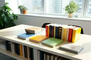 A book pile close up on a study desk. Front view pile book. For festival of world book day, national book day or national education day. Stack of colorful books on study table by AI Generated photo