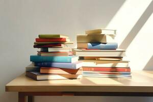 A book pile close up on a study desk. Front view pile book. For festival of world book day, national book day or national education day. Stack of colorful books on study table by AI Generated photo