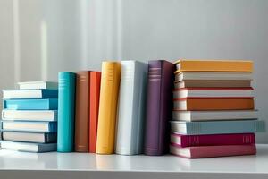 A book pile close up on a study desk. Front view pile book. For festival of world book day, national book day or national education day. Stack of colorful books on study table by AI Generated photo