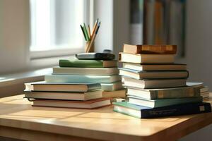 un libro pila cerca arriba en un estudiar escritorio. frente ver pila libro. para festival de mundo libro día, nacional libro día o nacional educación día. apilar de vistoso libros en estudiar mesa por ai generado foto