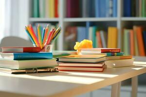 un libro pila cerca arriba en un estudiar escritorio. frente ver pila libro. para festival de mundo libro día, nacional libro día o nacional educación día. apilar de vistoso libros en estudiar mesa por ai generado foto