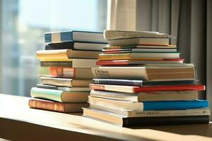 A book pile close up on a study desk. Front view pile book. For festival of world book day, national book day or national education day. Stack of colorful books on study table by AI Generated photo