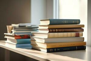 A book pile close up on a study desk. Front view pile book. For festival of world book day, national book day or national education day. Stack of colorful books on study table by AI Generated photo