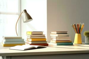 A book pile close up on a study desk. Front view pile book. For festival of world book day, national book day or national education day. Stack of colorful books on study table by AI Generated photo