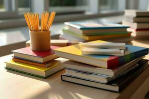 A book pile close up on a study desk. Front view pile book. For festival of world book day, national book day or national education day. Stack of colorful books on study table by AI Generated photo