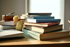 A book pile close up on a study desk. Front view pile book. For festival of world book day, national book day or national education day. Stack of colorful books on study table by AI Generated photo