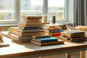 A book pile close up on a study desk. Front view pile book. For festival of world book day, national book day or national education day. Stack of colorful books on study table by AI Generated photo