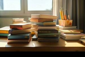 A book pile close up on a study desk. Front view pile book. For festival of world book day, national book day or national education day. Stack of colorful books on study table by AI Generated photo