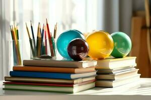 un libro pila cerca arriba en un estudiar escritorio. frente ver pila libro. para festival de mundo libro día, nacional libro día o nacional educación día. apilar de vistoso libros en estudiar mesa por ai generado foto