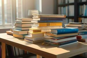 un libro pila cerca arriba en un estudiar escritorio. frente ver pila libro. para festival de mundo libro día, nacional libro día o nacional educación día. apilar de vistoso libros en estudiar mesa por ai generado foto