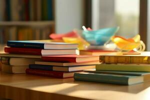 un libro pila cerca arriba en un estudiar escritorio. frente ver pila libro. para festival de mundo libro día, nacional libro día o nacional educación día. apilar de vistoso libros en estudiar mesa por ai generado foto