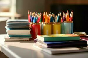 un libro pila cerca arriba en un estudiar escritorio. frente ver pila libro. para festival de mundo libro día, nacional libro día o nacional educación día. apilar de vistoso libros en estudiar mesa por ai generado foto