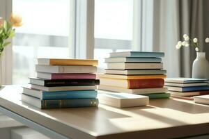 un libro pila cerca arriba en un estudiar escritorio. frente ver pila libro. para festival de mundo libro día, nacional libro día o nacional educación día. apilar de vistoso libros en estudiar mesa por ai generado foto