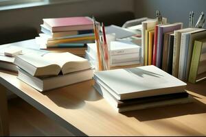 un libro pila cerca arriba en un estudiar escritorio. frente ver pila libro. para festival de mundo libro día, nacional libro día o nacional educación día. apilar de vistoso libros en estudiar mesa por ai generado foto