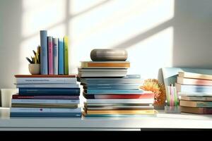 A book pile close up on a study desk. Front view pile book. For festival of world book day, national book day or national education day. Stack of colorful books on study table by AI Generated photo
