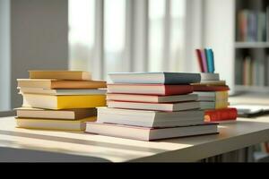 un libro pila cerca arriba en un estudiar escritorio. frente ver pila libro. para festival de mundo libro día, nacional libro día o nacional educación día. apilar de vistoso libros en estudiar mesa por ai generado foto