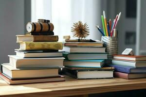 un libro pila cerca arriba en un estudiar escritorio. frente ver pila libro. para festival de mundo libro día, nacional libro día o nacional educación día. apilar de vistoso libros en estudiar mesa por ai generado foto