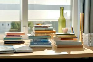 A book pile close up on a study desk. Front view pile book. For festival of world book day, national book day or national education day. Stack of colorful books on study table by AI Generated photo