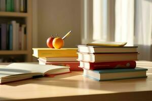 un libro pila cerca arriba en un estudiar escritorio. frente ver pila libro. para festival de mundo libro día, nacional libro día o nacional educación día. apilar de vistoso libros en estudiar mesa por ai generado foto