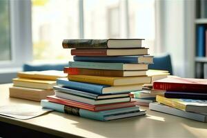 A book pile close up on a study desk. Front view pile book. For festival of world book day, national book day or national education day. Stack of colorful books on study table by AI Generated photo