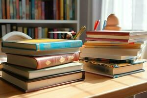 A book pile close up on a study desk. Front view pile book. For festival of world book day, national book day or national education day. Stack of colorful books on study table by AI Generated photo