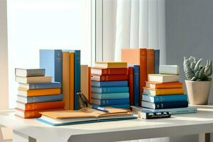 A book pile close up on a study desk. Front view pile book. For festival of world book day, national book day or national education day. Stack of colorful books on study table by AI Generated photo