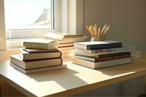 un libro pila cerca arriba en un estudiar escritorio. frente ver pila libro. para festival de mundo libro día, nacional libro día o nacional educación día. apilar de vistoso libros en estudiar mesa por ai generado foto