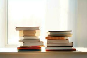 A book pile close up on a study desk. Front view pile book. For festival of world book day, national book day or national education day. Stack of colorful books on study table by AI Generated photo