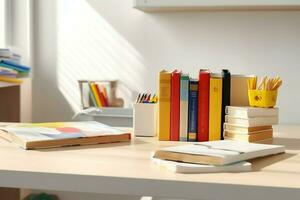 A book pile close up on a study desk. Front view pile book. For festival of world book day, national book day or national education day. Stack of colorful books on study table by AI Generated photo