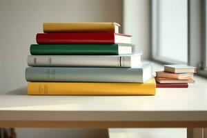 A book pile close up on a study desk. Front view pile book. For festival of world book day, national book day or national education day. Stack of colorful books on study table by AI Generated photo