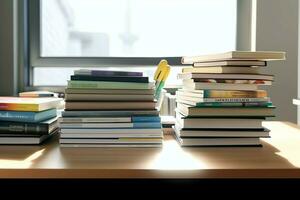 un libro pila cerca arriba en un estudiar escritorio. frente ver pila libro. para festival de mundo libro día, nacional libro día o nacional educación día. apilar de vistoso libros en estudiar mesa por ai generado foto