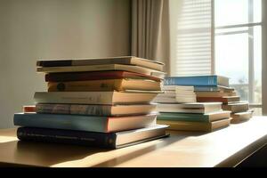 un libro pila cerca arriba en un estudiar escritorio. frente ver pila libro. para festival de mundo libro día, nacional libro día o nacional educación día. apilar de vistoso libros en estudiar mesa por ai generado foto