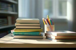 A book pile close up on a study desk. Front view pile book. For festival of world book day, national book day or national education day. Stack of colorful books on study table by AI Generated photo