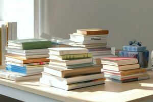 un libro pila cerca arriba en un estudiar escritorio. frente ver pila libro. para festival de mundo libro día, nacional libro día o nacional educación día. apilar de vistoso libros en estudiar mesa por ai generado foto