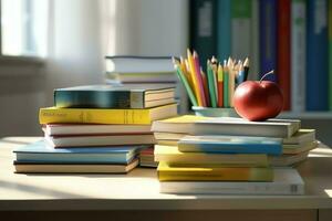 un libro pila cerca arriba en un estudiar escritorio. frente ver pila libro. para festival de mundo libro día, nacional libro día o nacional educación día. apilar de vistoso libros en estudiar mesa por ai generado foto