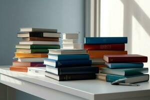 A book pile close up on a study desk. Front view pile book. For festival of world book day, national book day or national education day. Stack of colorful books on study table by AI Generated photo