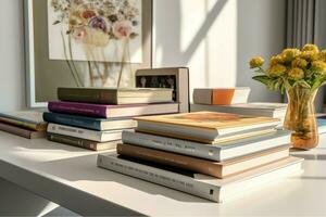 A book pile close up on a study desk. Front view pile book. For festival of world book day, national book day or national education day. Stack of colorful books on study table by AI Generated photo