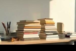 A book pile close up on a study desk. Front view pile book. For festival of world book day, national book day or national education day. Stack of colorful books on study table by AI Generated photo